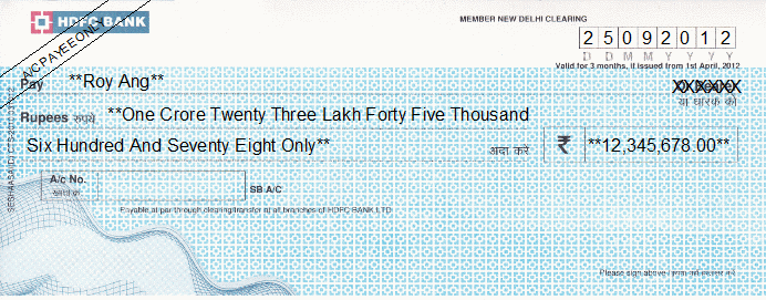 Sample HDFC bank cheque layout