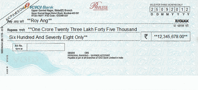Sample ICICI bank cheque
