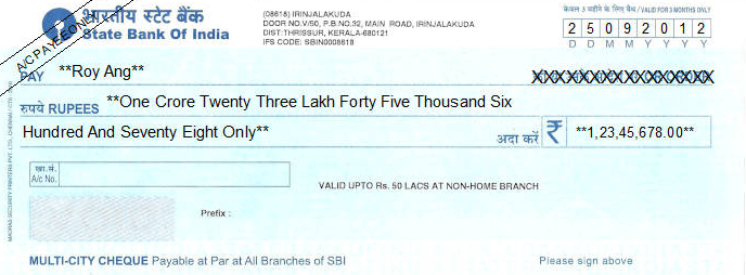 Sample State Bank of India cheque