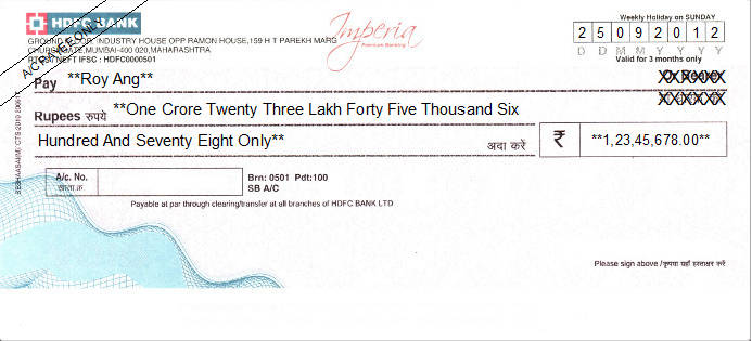 HDFC Bank Imperia cheque preview